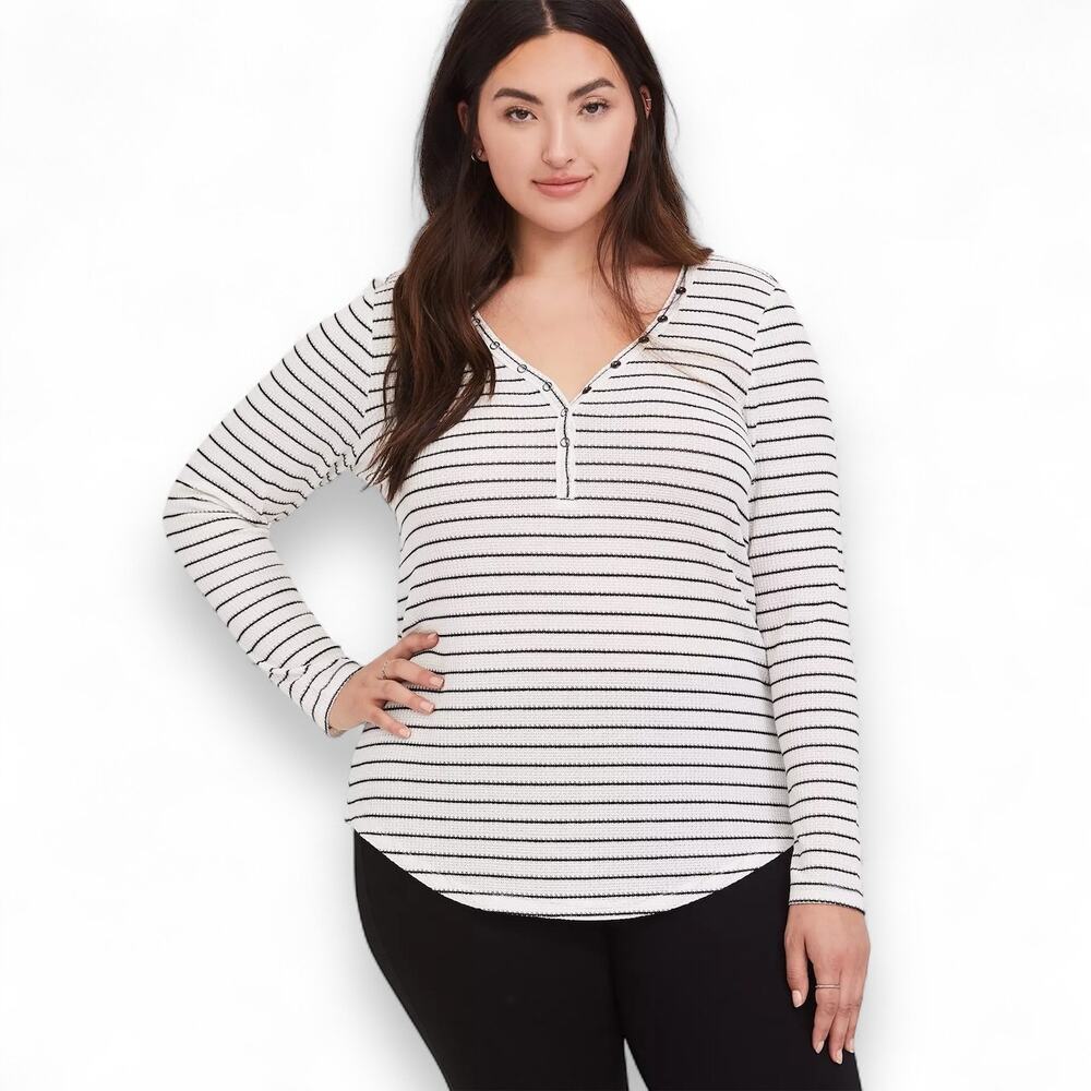 Torrid Women's Waffle Snap Henley Long Sleeve Tee Size 3X Stripe Black White